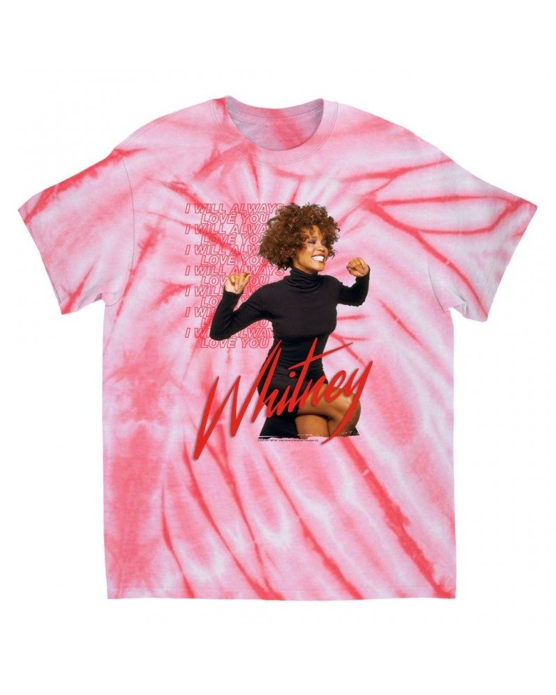 Whitney Houston T-Shirt | I Will Always Love You Red Repeating Image Tie Dye Shirt $13.87 Shirts